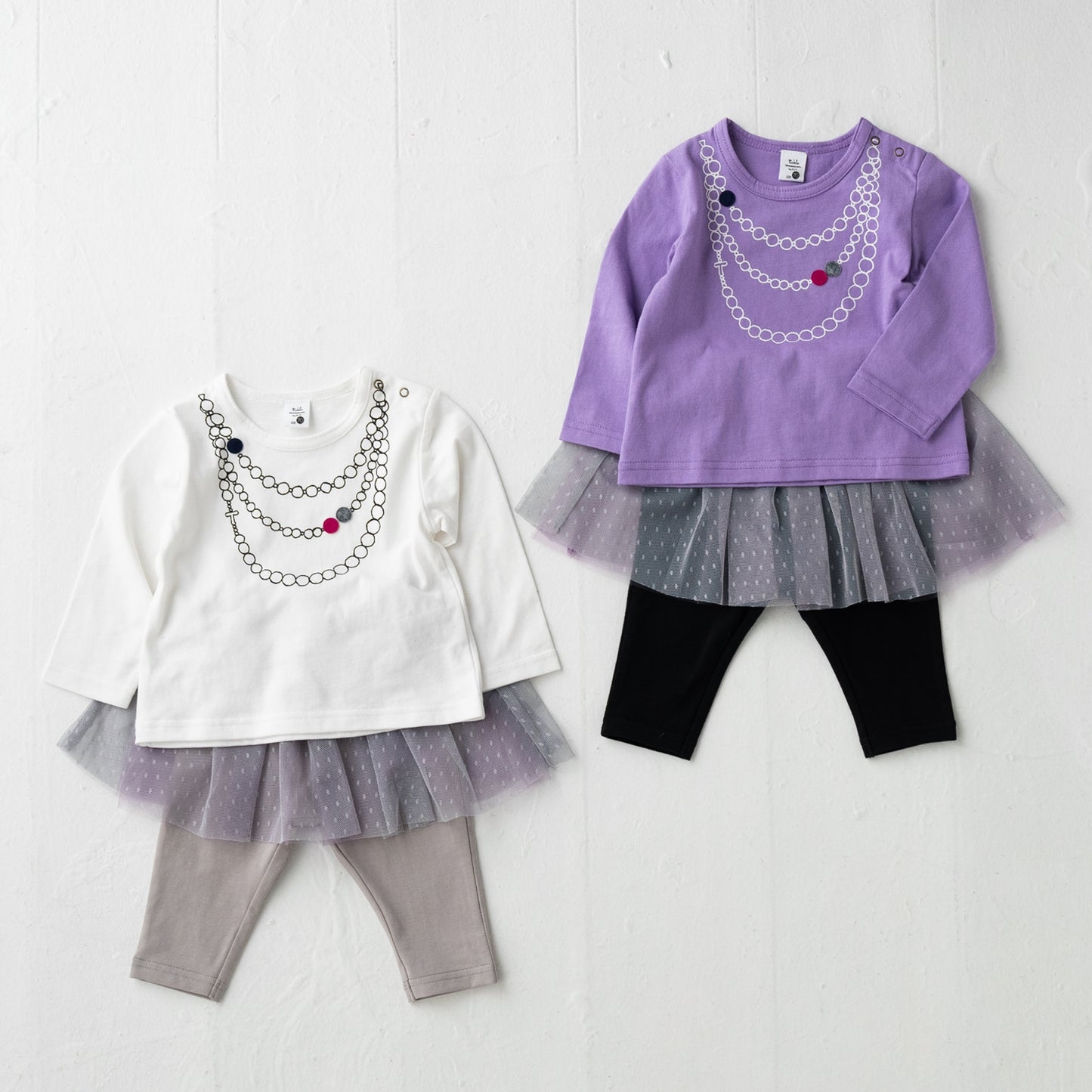 ネックレスプリントTシャツ&チュールスカート付きレギンス PURPLE