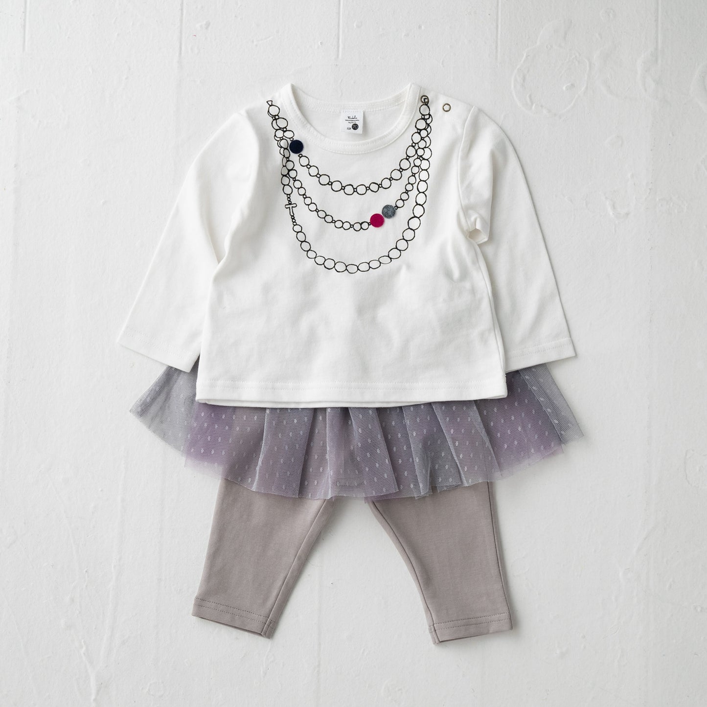 ネックレスプリントTシャツ&チュールスカート付きレギンス OFF-WHITE