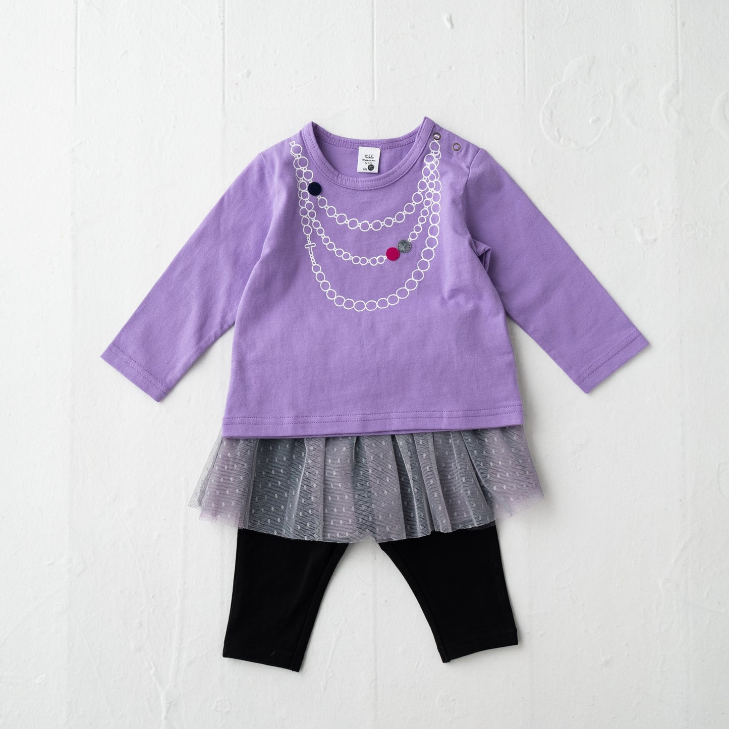 ネックレスプリントTシャツ&チュールスカート付きレギンス PURPLE