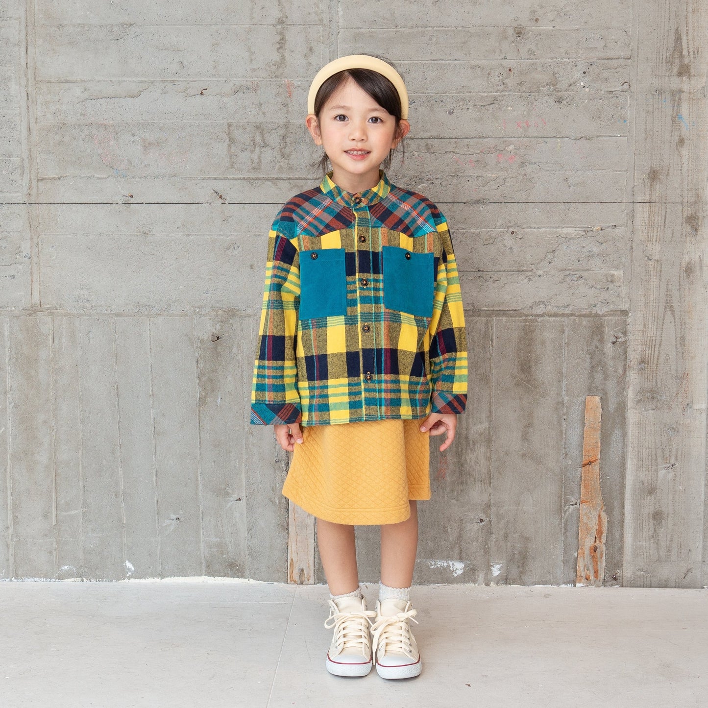 バンドカラー切り替えチェックジャケットシャツ YELLOW
