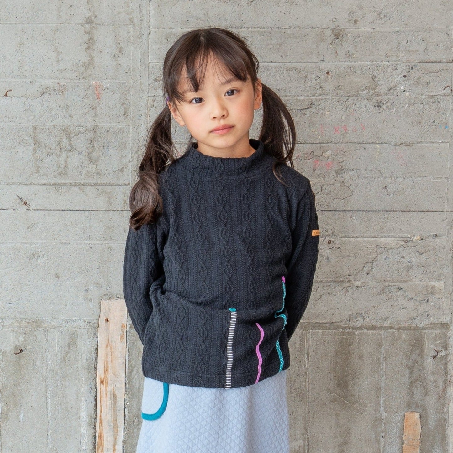 ケーブルニットハイネックTシャツ BLACK