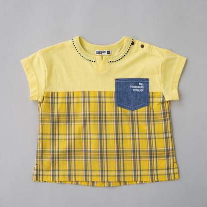 スリットネックチェックＴシャツ　YELLOW