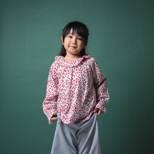 フリルカラー総柄Tシャツ　RED