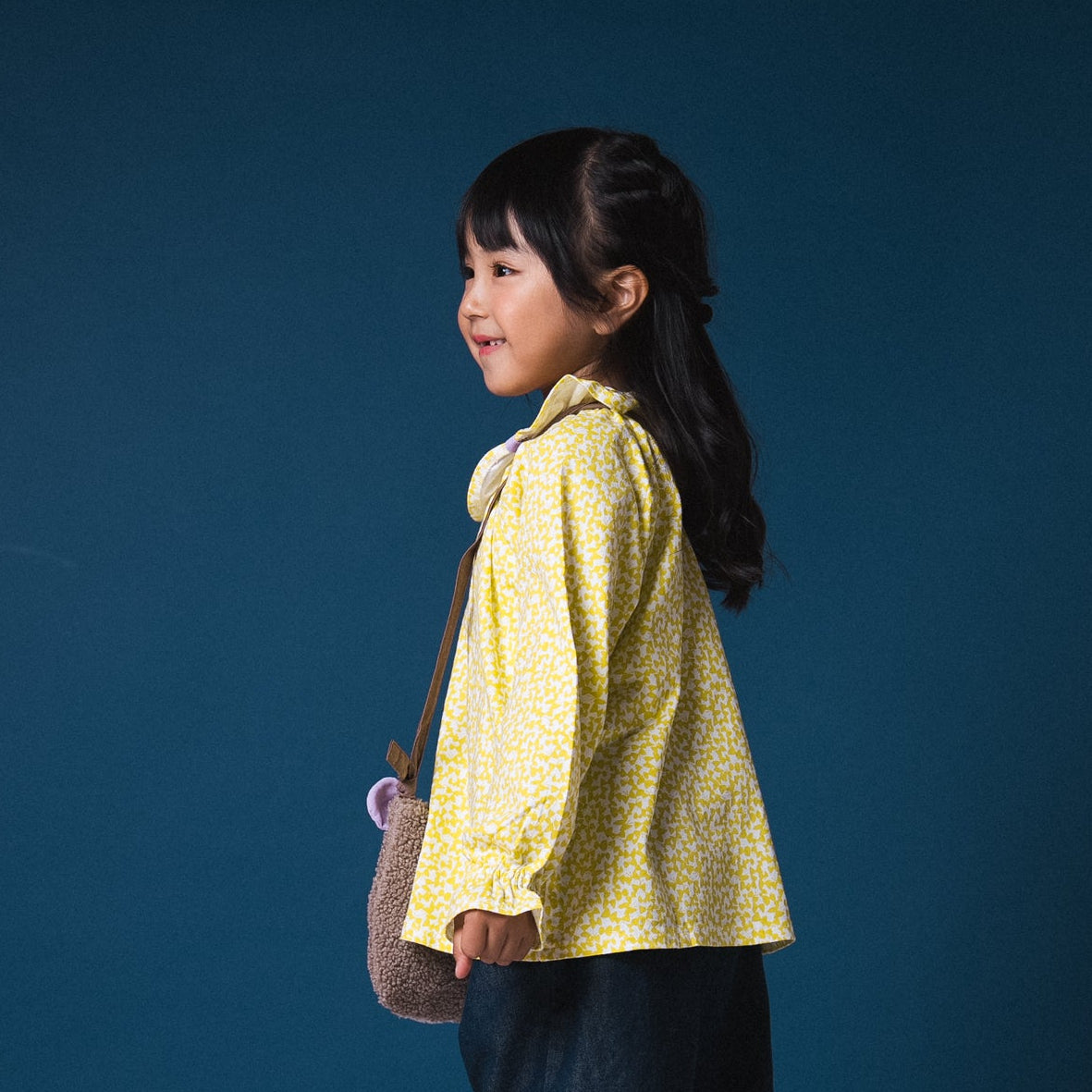 フリルカラー総柄Tシャツ　YELLOW