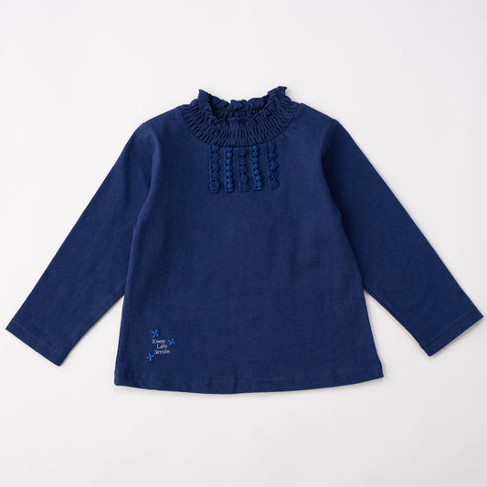 フリルハイネックTシャツ　NAVY