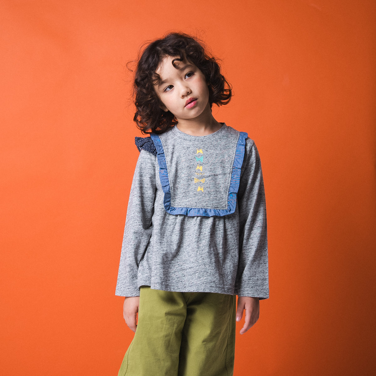 リボンフリルTシャツ　GRAY