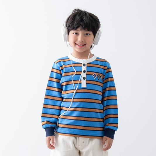 ヘンリーネックボーダーTシャツ　BLUE