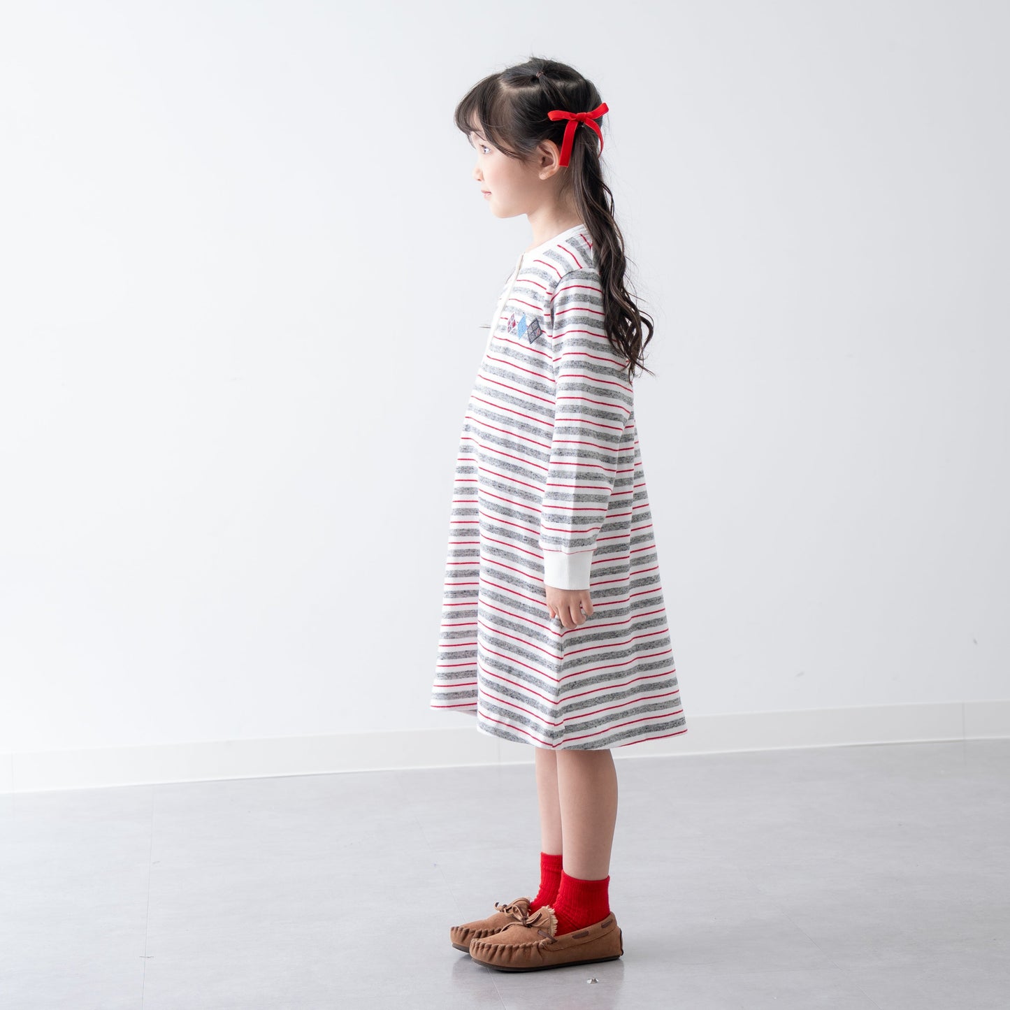 ヘンリーネックボーダーワンピース　OFF-WHITE
