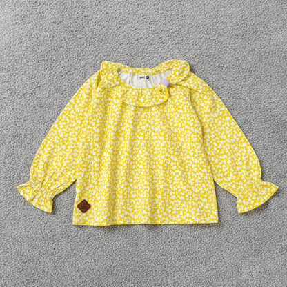 フリルカラー総柄Tシャツ　YELLOW