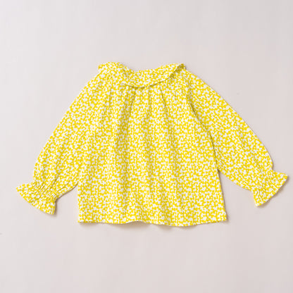 フリルカラー総柄Tシャツ　YELLOW