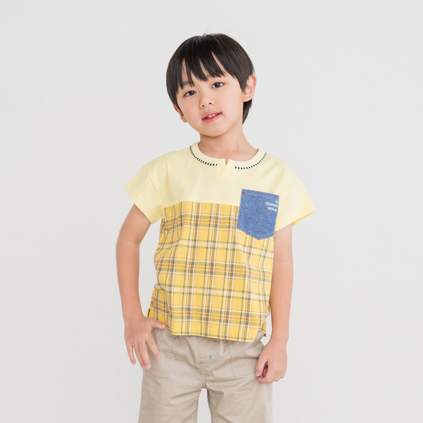 スリットネックチェックＴシャツ　YELLOW