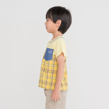 スリットネックチェックＴシャツ　YELLOW