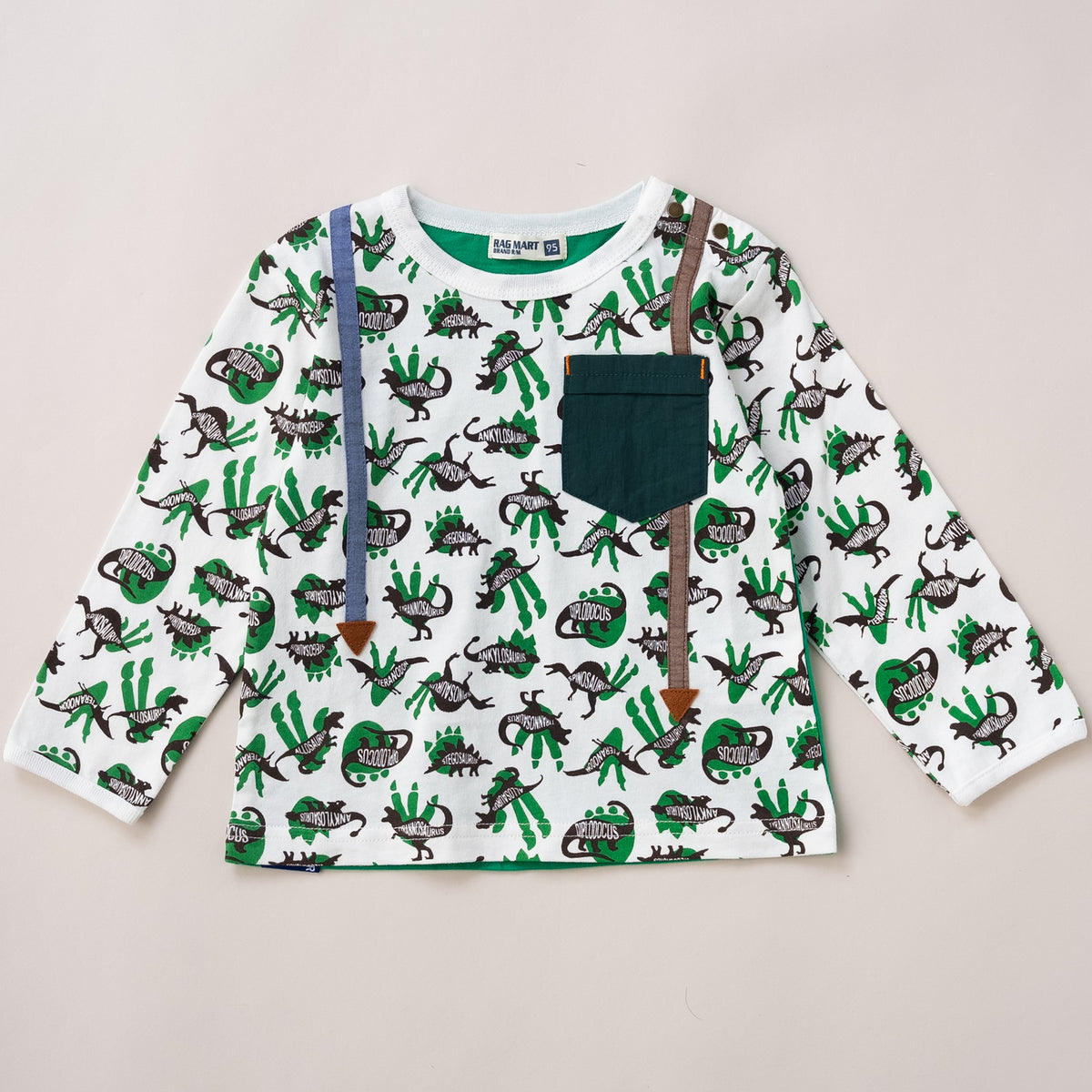 ポケットサスペンダー風Tシャツ【恐竜】　OFF-WHITE