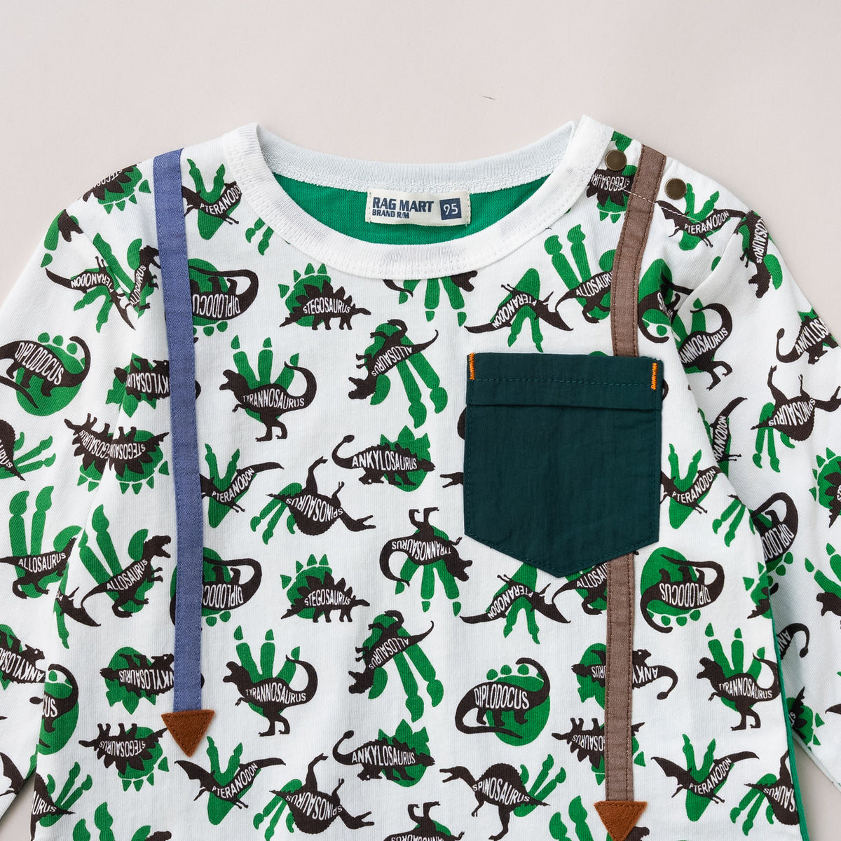 ポケットサスペンダー風Tシャツ【恐竜】　OFF-WHITE