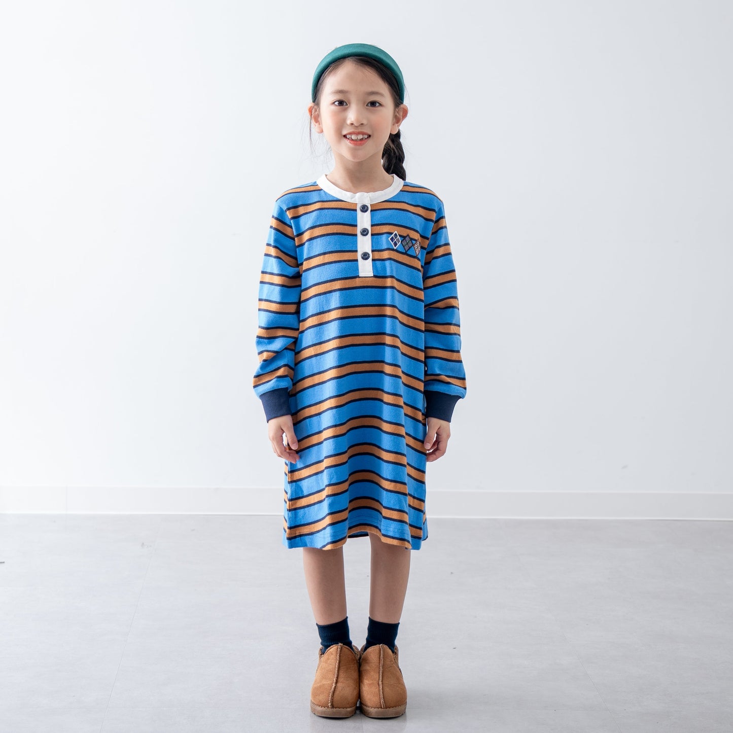 ヘンリーネックボーダーワンピース　BLUE