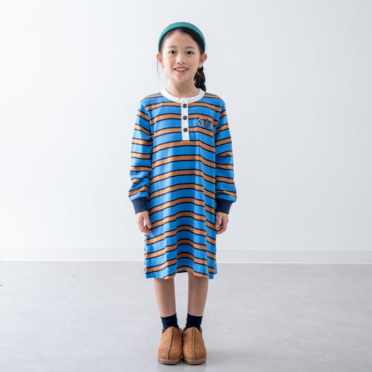 ヘンリーネックボーダーワンピース　BLUE
