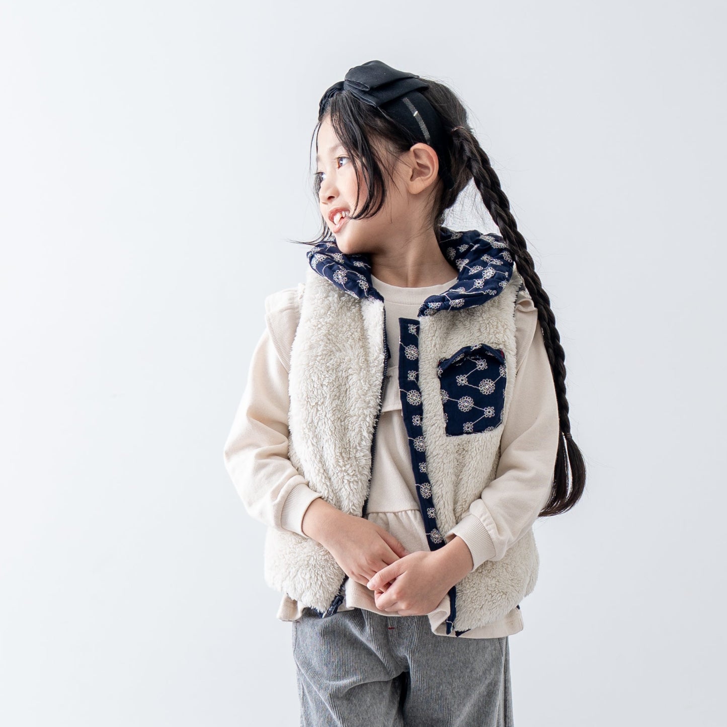 刺繍丸襟ベスト【リバーシブル】　NAVY