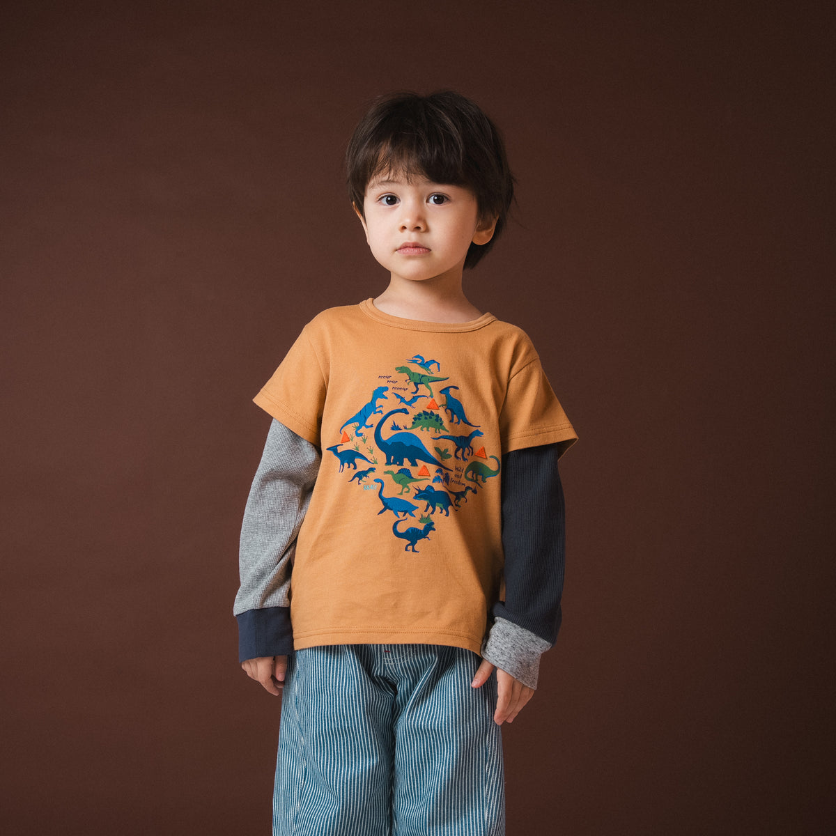 恐竜レイヤードTシャツ　CAMEL