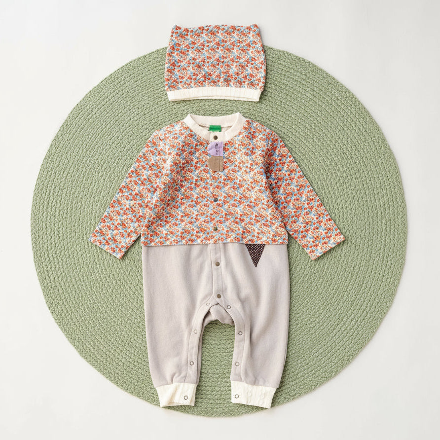 総柄カバーオール(帽子付)【花柄】　RED