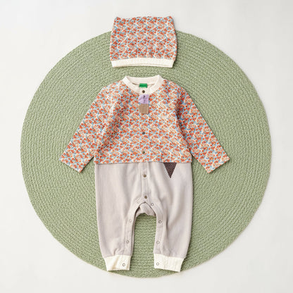 総柄カバーオール(帽子付)【花柄】　RED