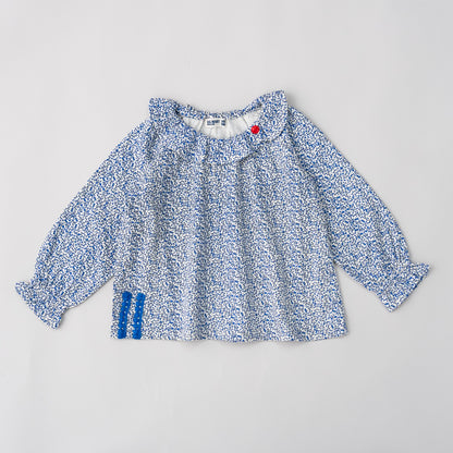 ラウンドカラー総柄Tシャツ　BLUE