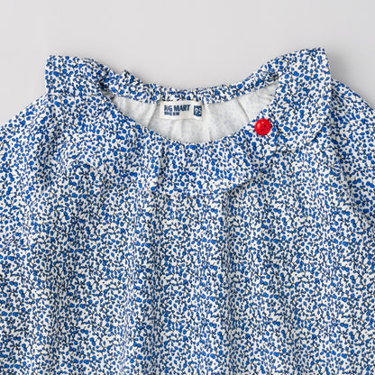 ラウンドカラー総柄Tシャツ　BLUE
