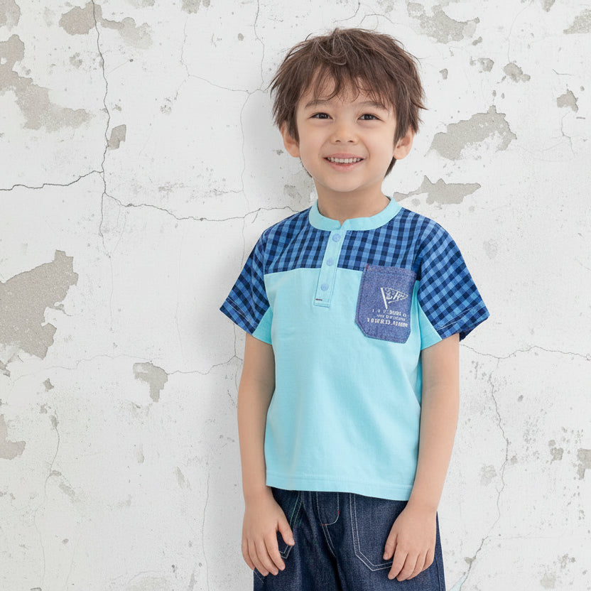 ヘンリーネックポケットTシャツ　SAXE